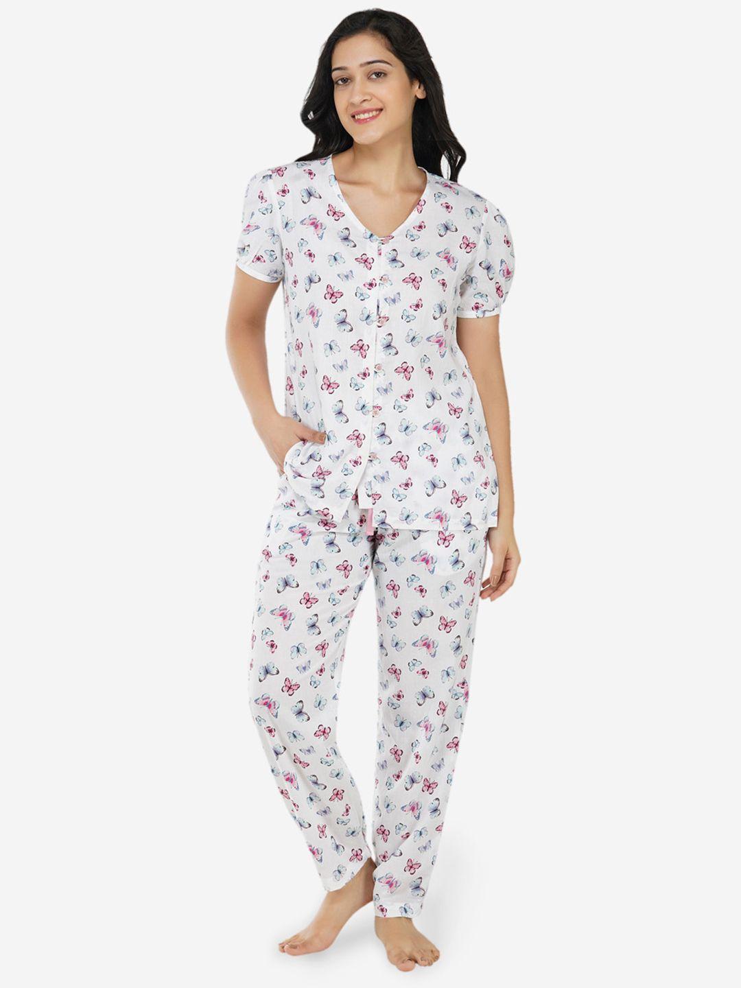 artemis women white & pink printed night suit