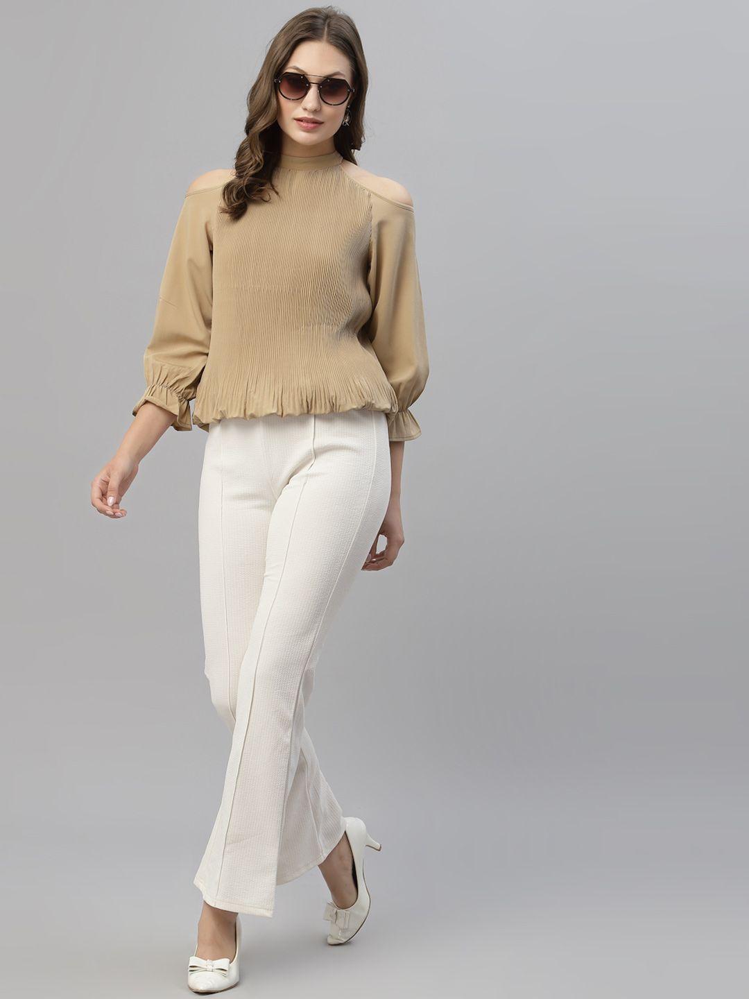 kassually beige halter neck ruffles crepe blouson top