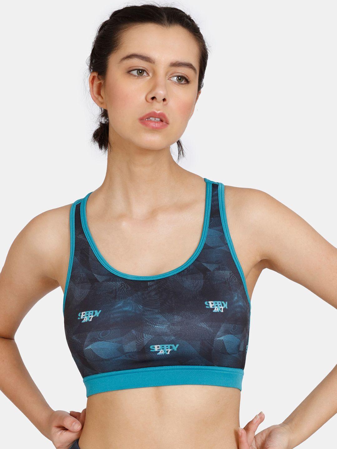 zelocity by zivame teal & black abstract sports bra