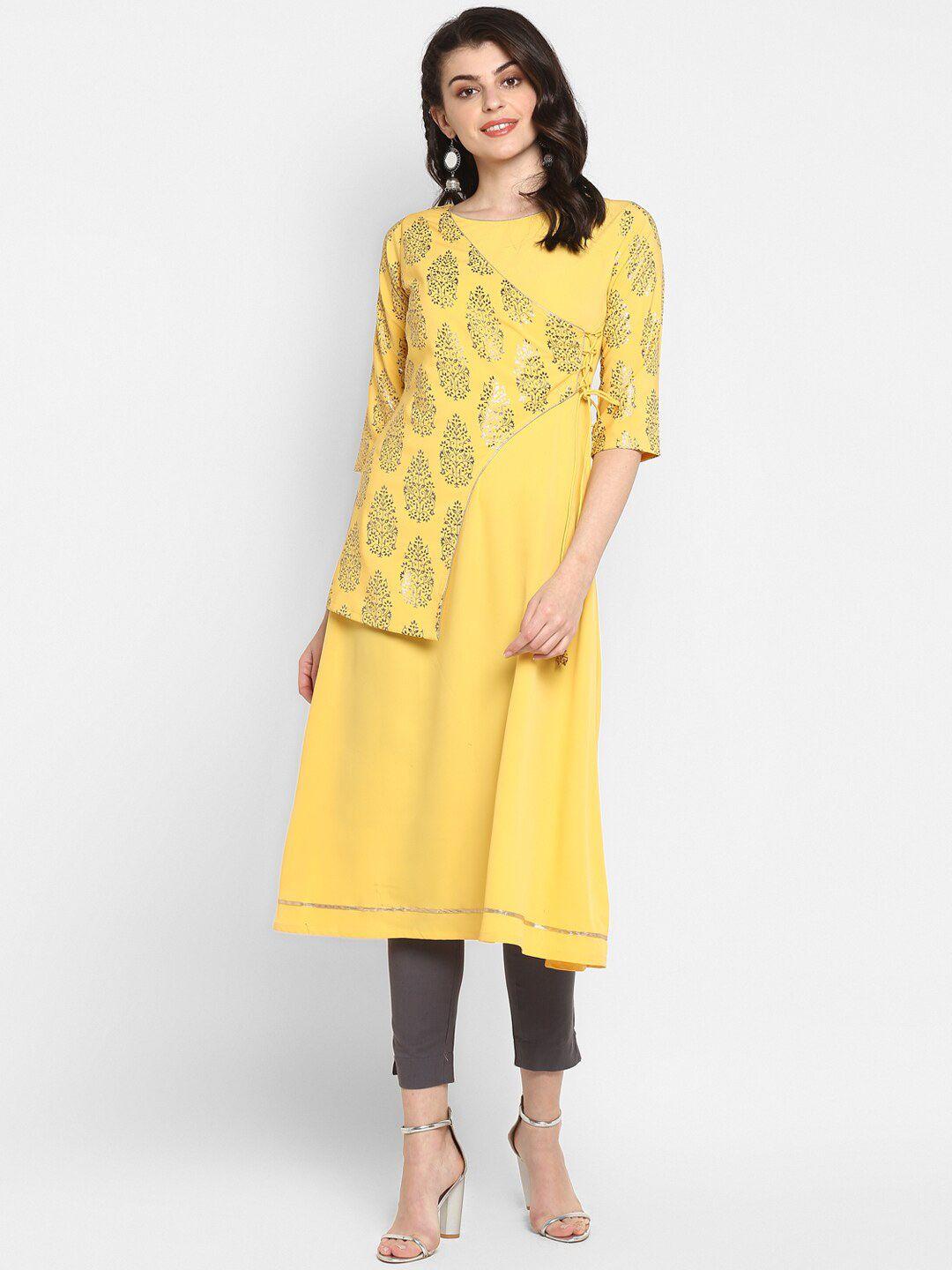 janasya women yellow ethnic motifs printed thread work crepe kurta