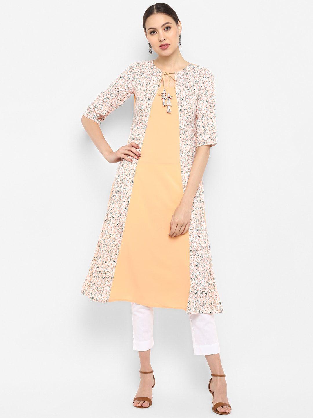 janasya women peach-coloured & cream-coloured floral printed crepe kurta