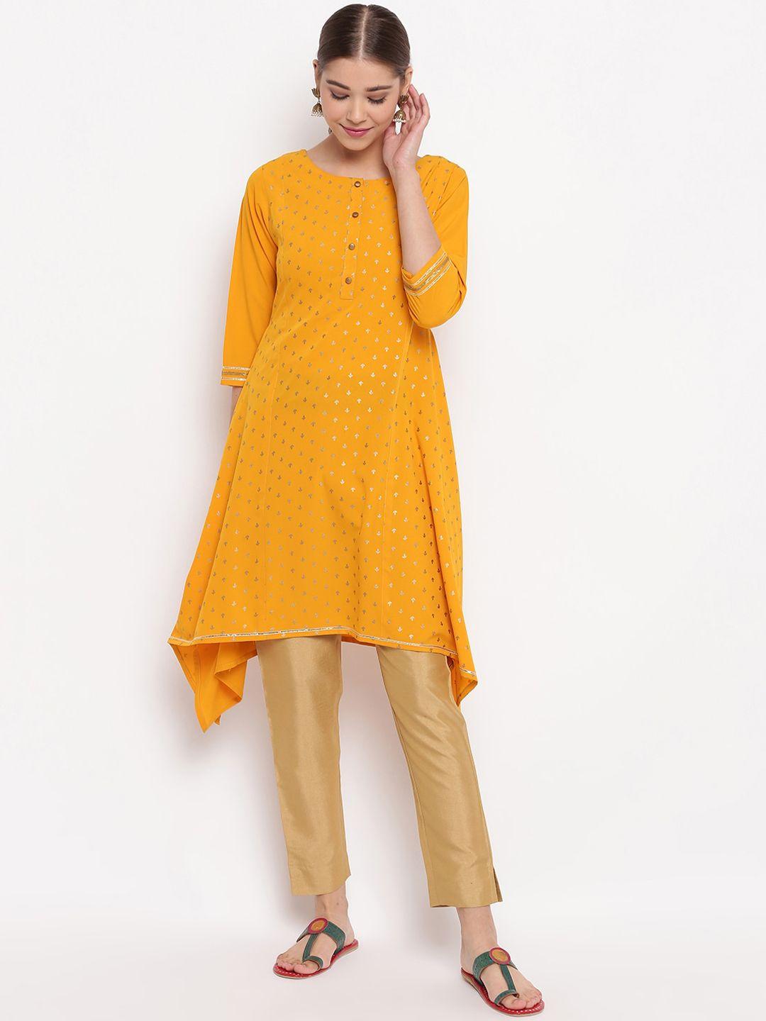 janasya women mustard yellow geometric embellished thread work crepe kurta