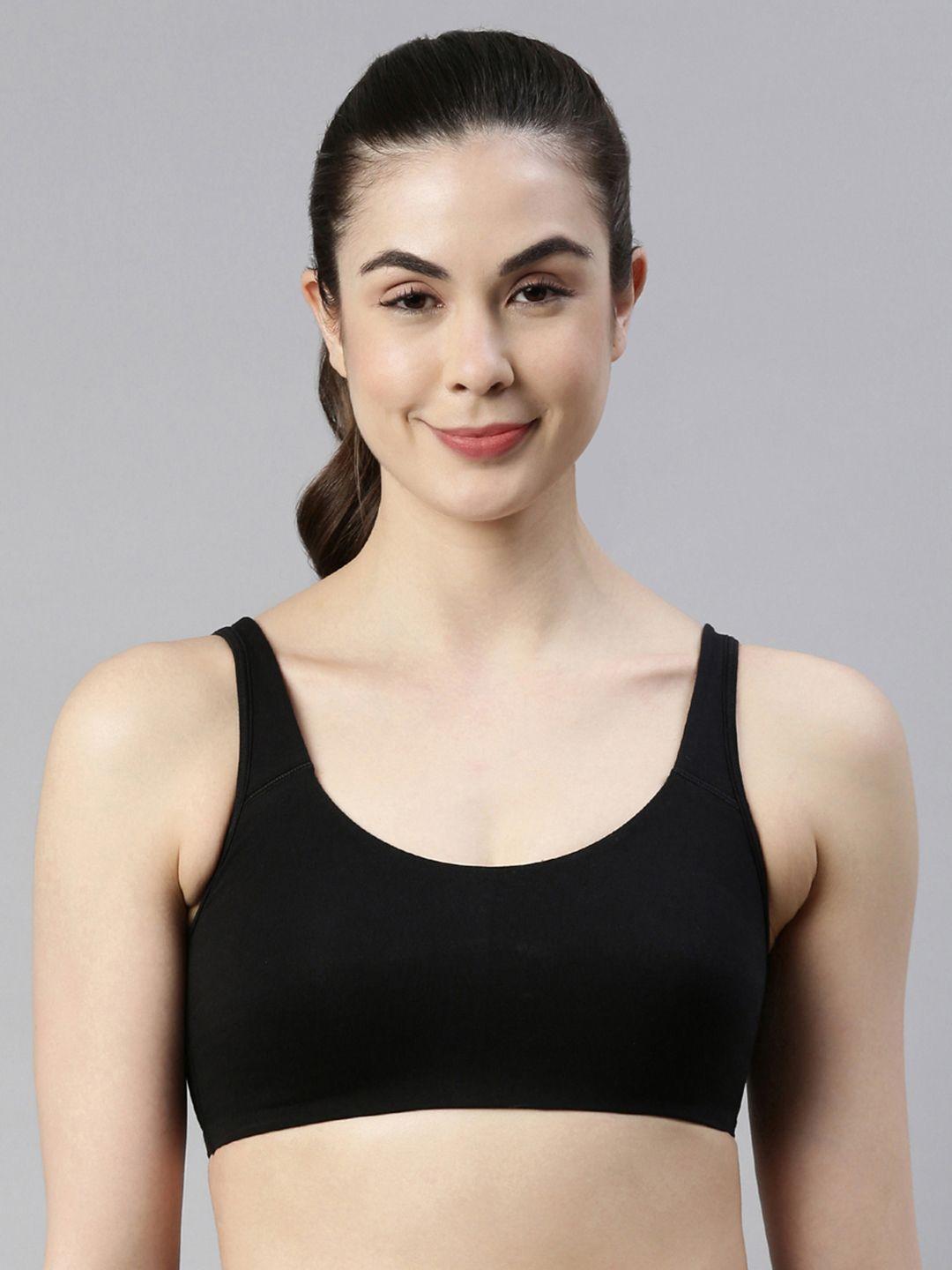 enamor black non-wired non padded full coverage low impact slip on sports bra sb06