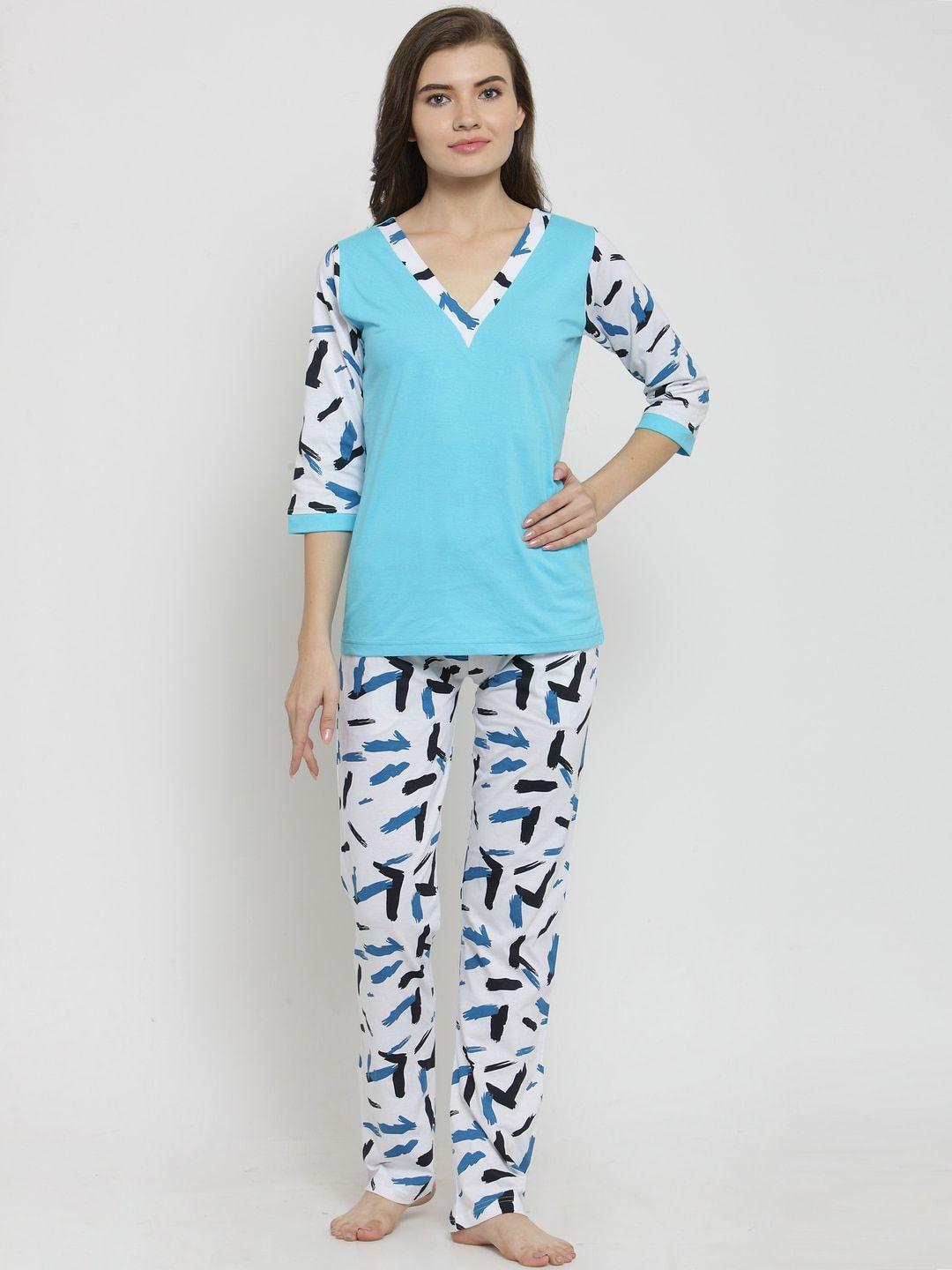 claura women blue & white printed night suit