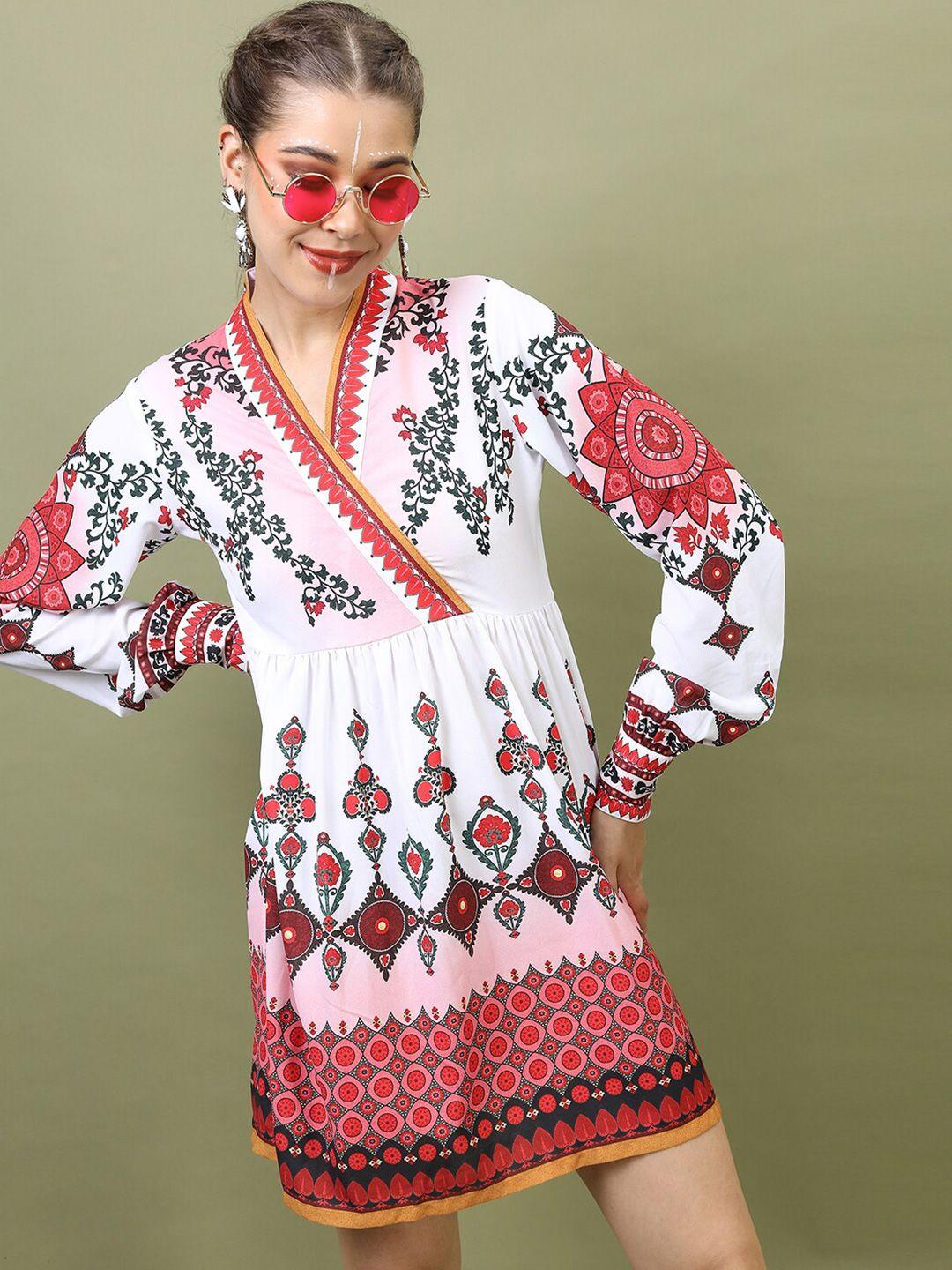 vishudh women white & maroon printed fit and flared dress