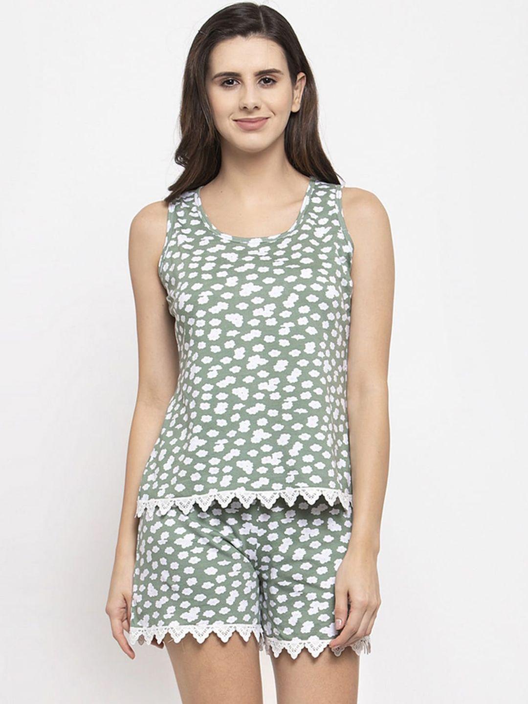 claura women green & white printed night suit