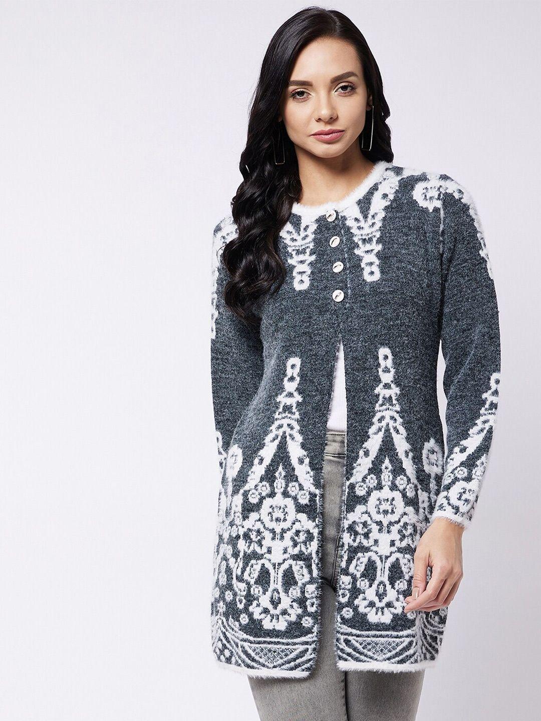 rivza women charcoal & white floral longline cardigan