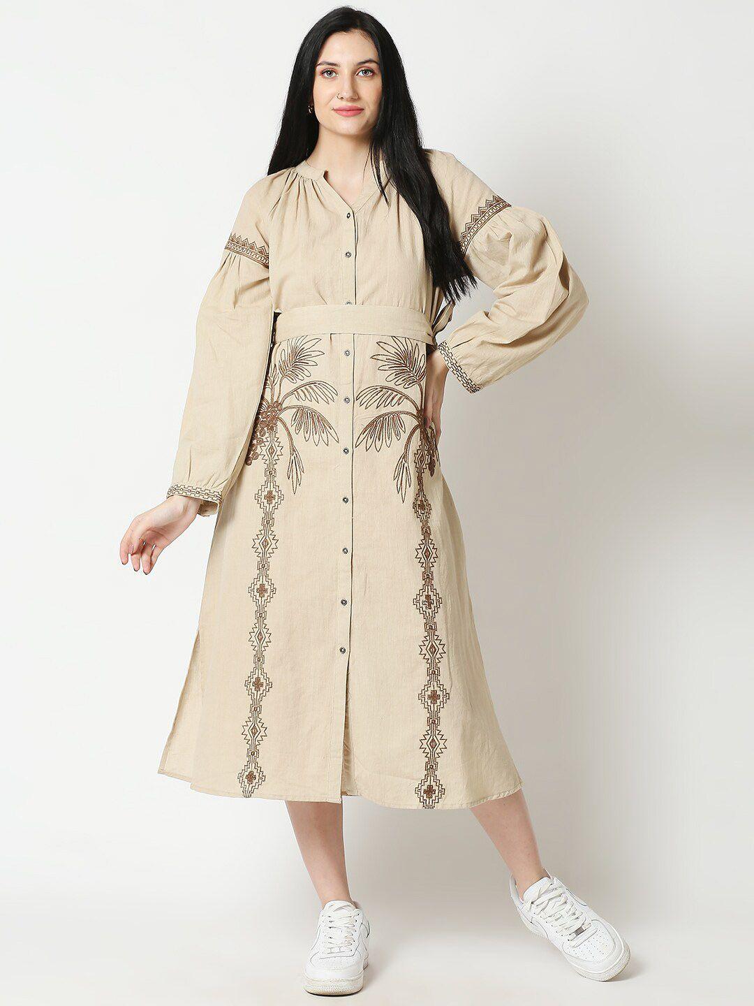 aanyor women beige embroidered shirt midi dress