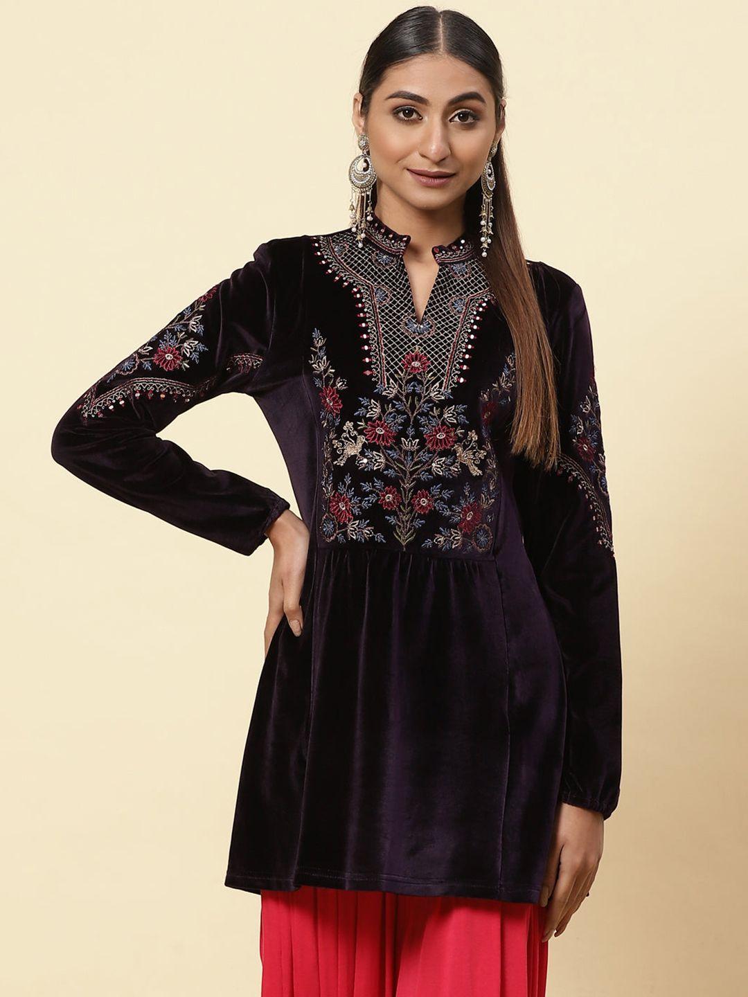 lakshita women violet & gold floral embroidered velvet kurta