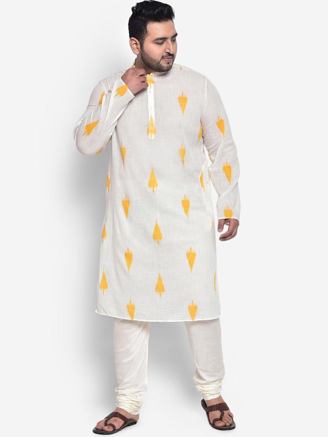 kisah plus plus size men white & yellow geometric printed kurta