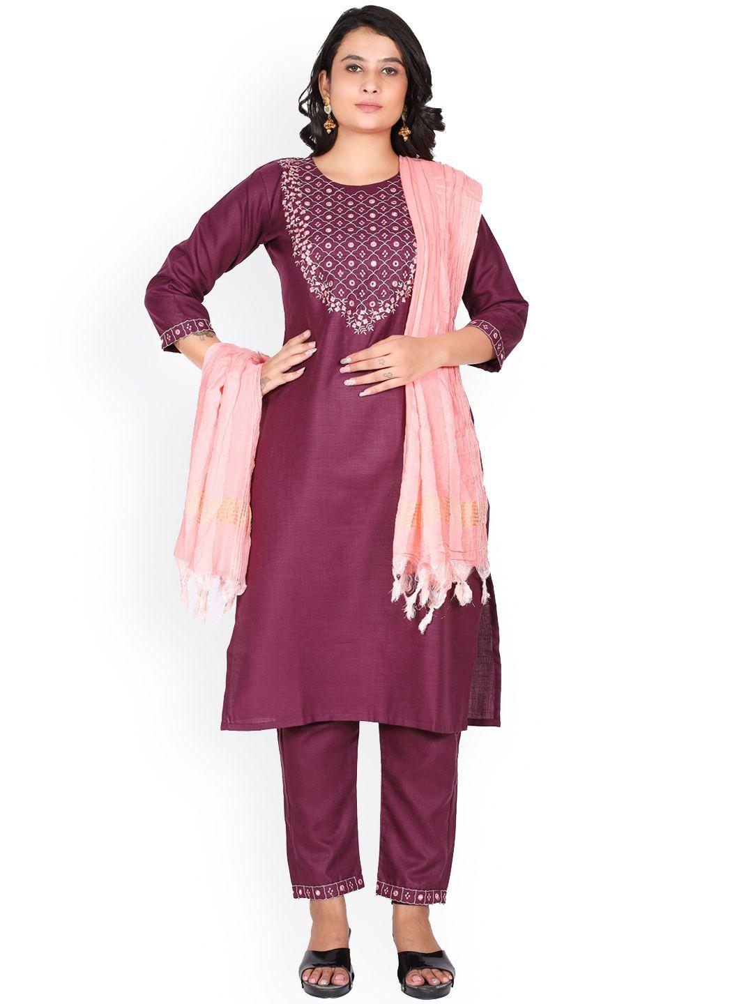 kalini women magenta & pink embroidered yoke design kurta with trousers & with dupatta