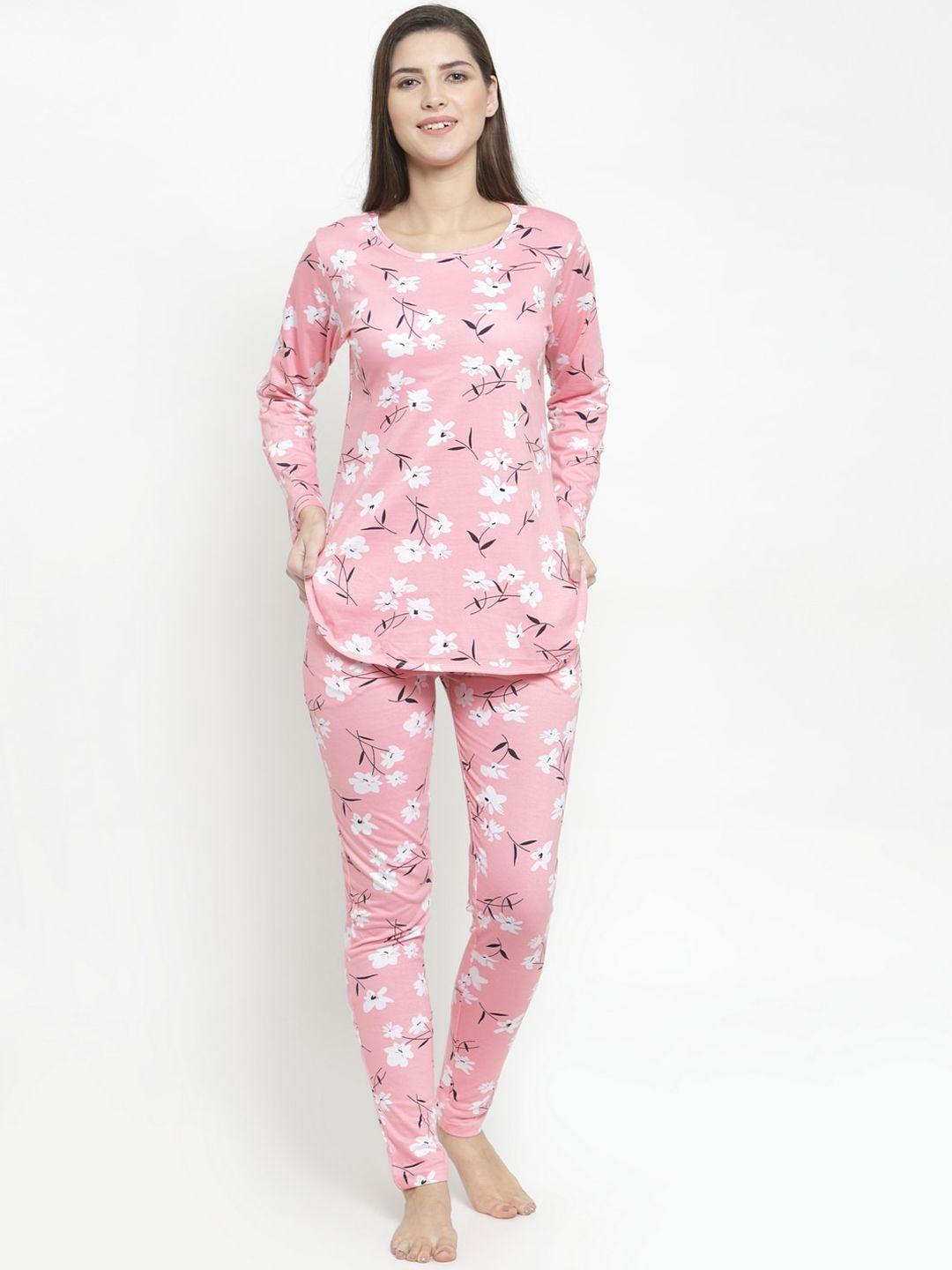 claura women pink & white printed night suit