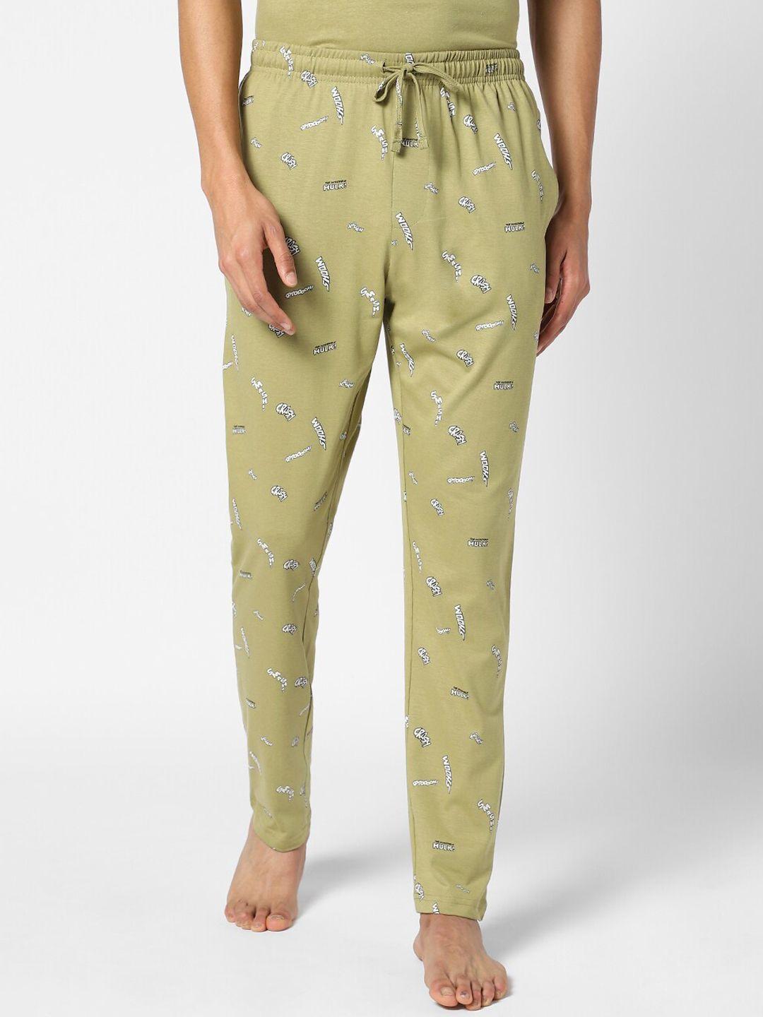 ajile by pantaloons men olive green printed lounge pants