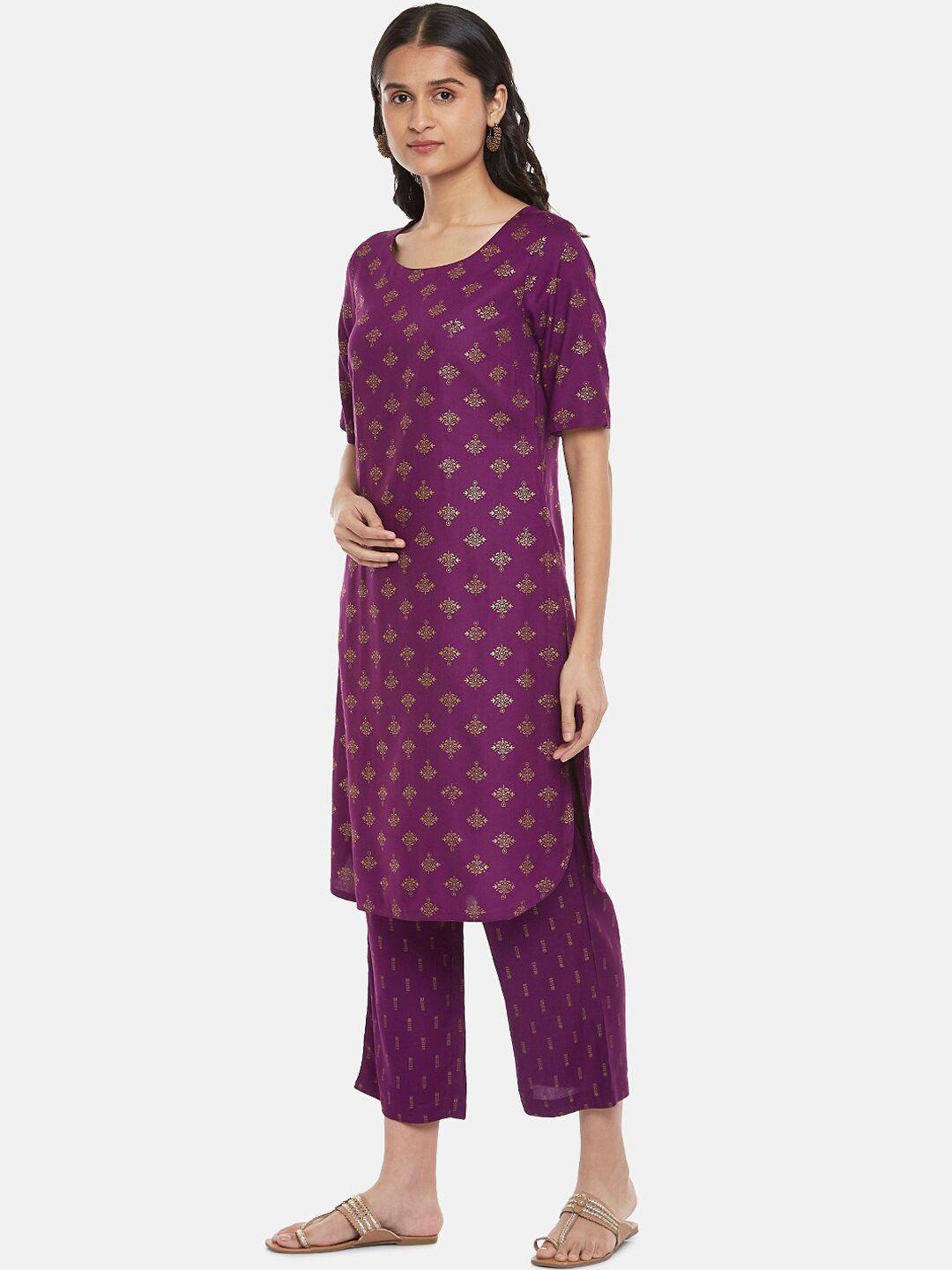 rangmanch by pantaloons women purple floral printed kurta with trouser