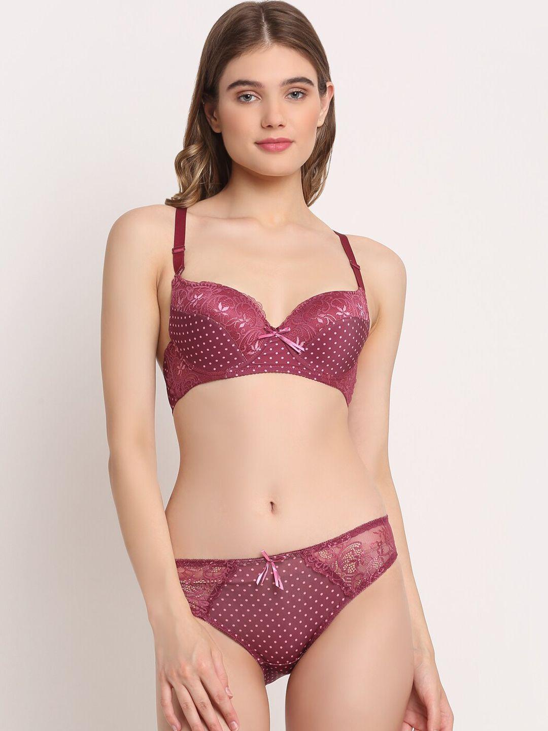 laceandme women fuchsia polka dots printed lingerie set lm1138