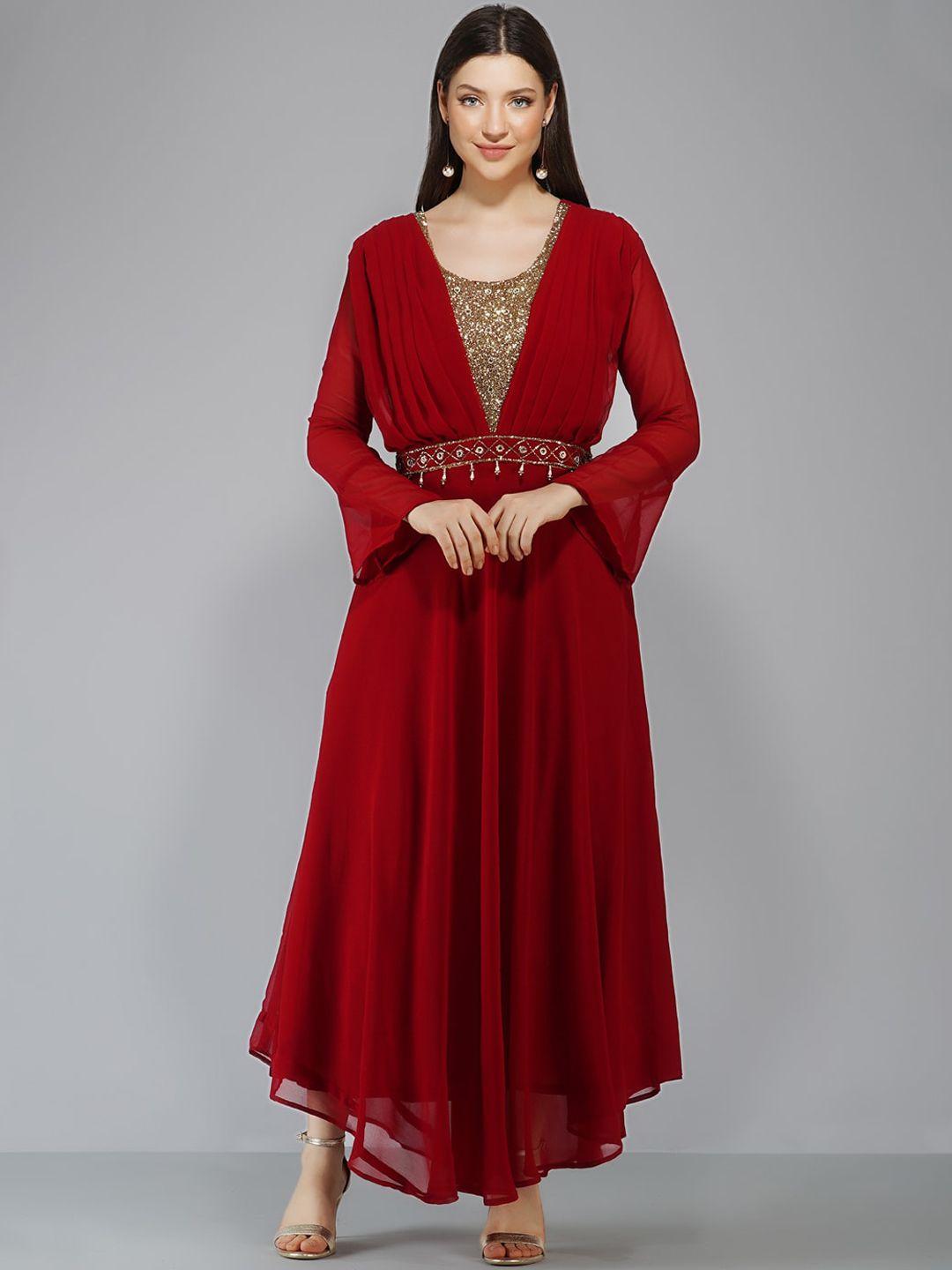 ziva fashion women maroon & gold-toned embroidered bell sleeves georgette anarkali kurta