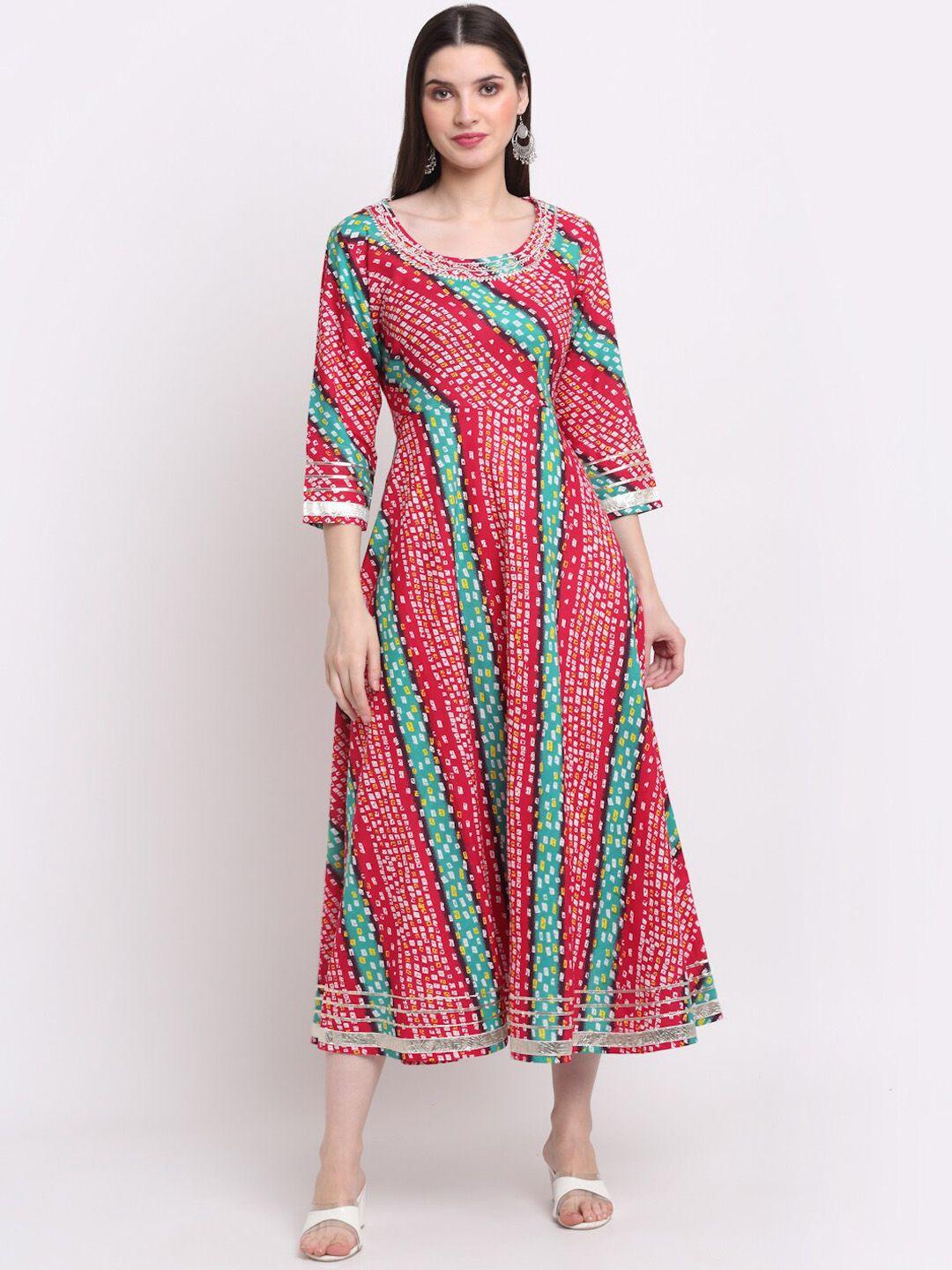 kalini women red & green printed flared sleeves pastels anarkali kurta