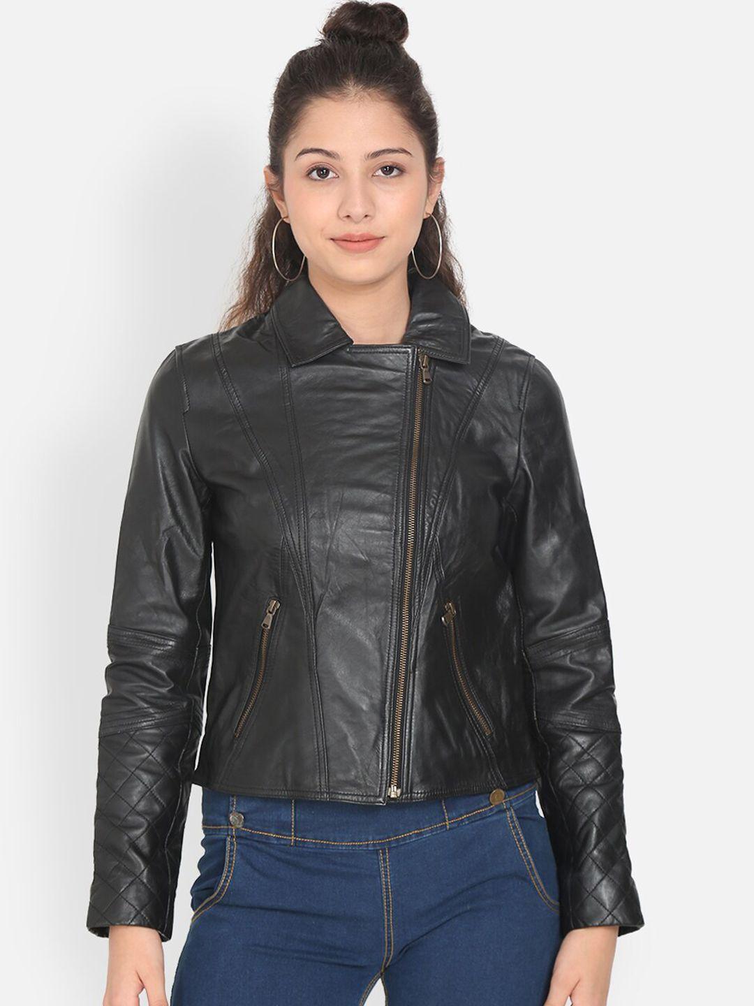 justanned women black forest night leather lightweight crop outdoor biker jacket