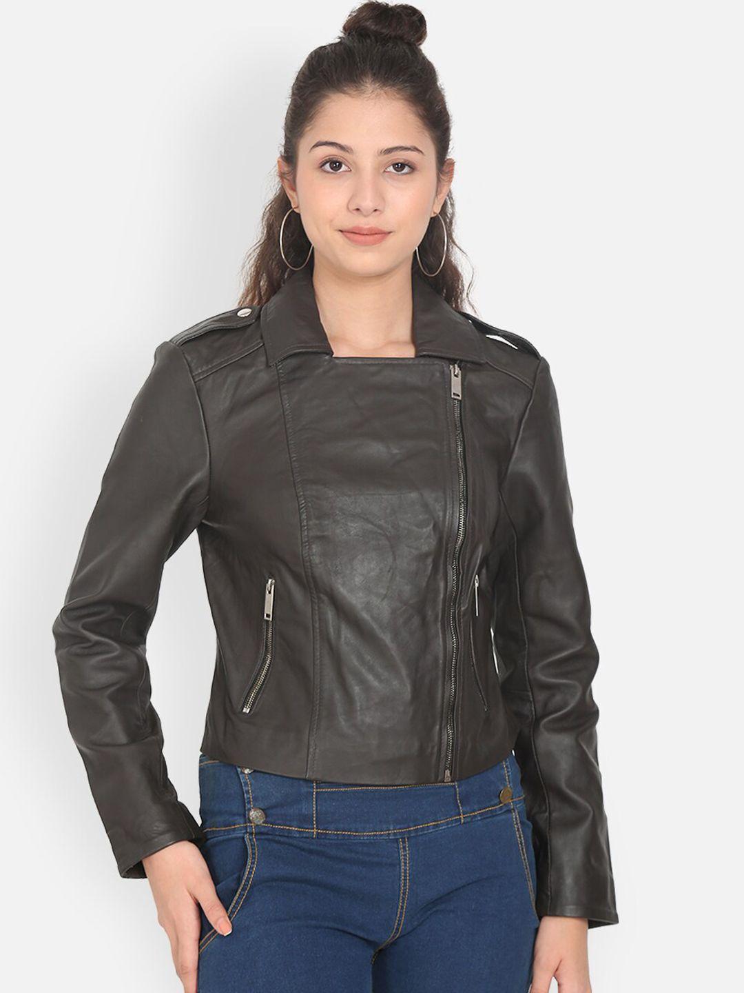 justanned women brown leather lightweight crop outdoor biker jacket