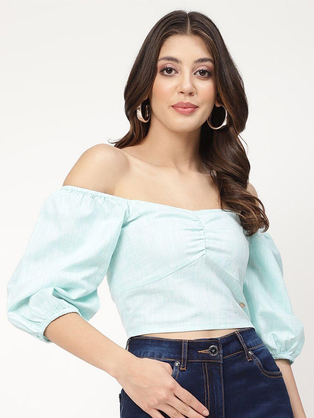 elle sea green off-shoulder bardot crop top