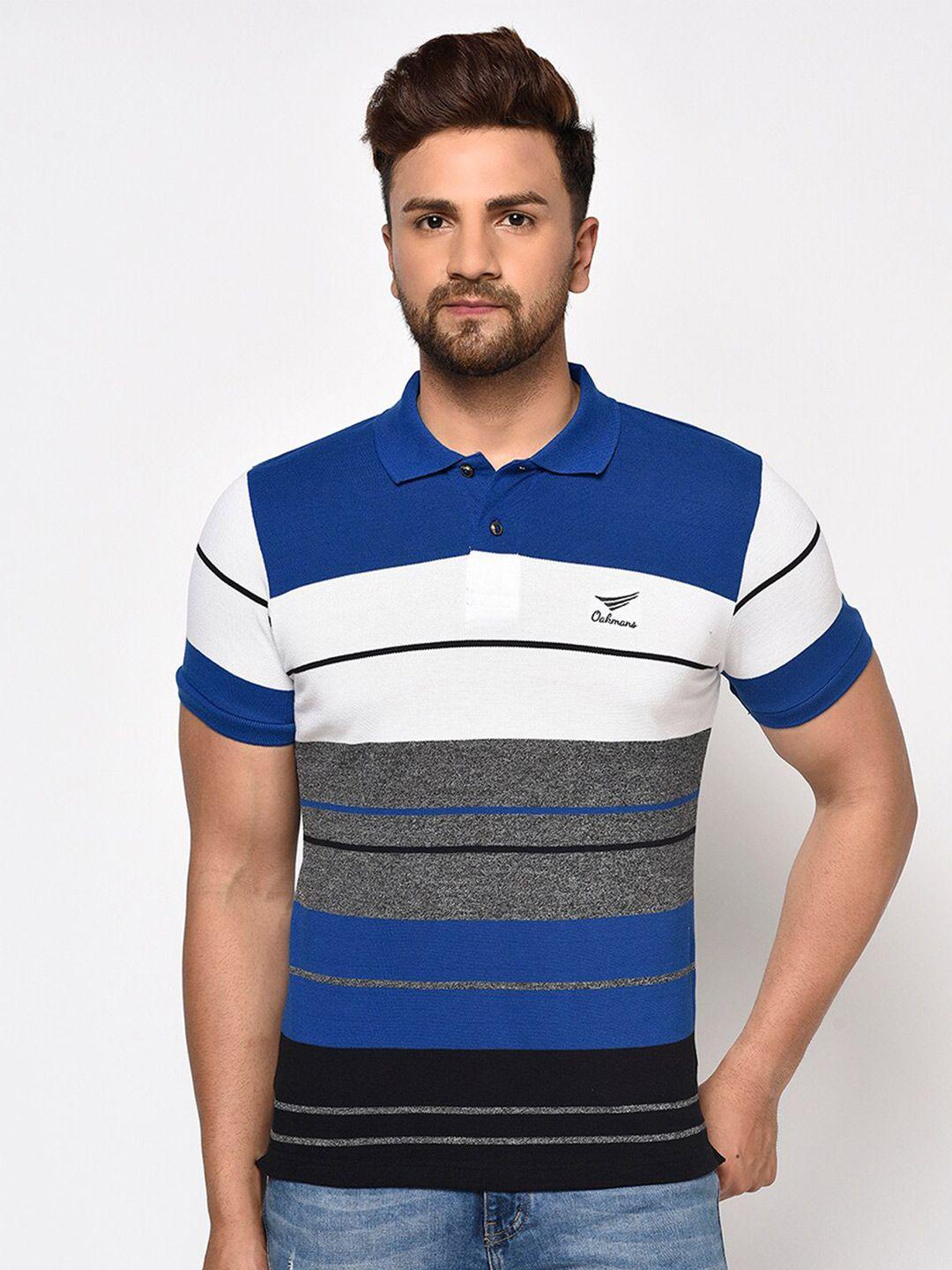 oakmans men navy blue & dark slate blue striped polo collar t-shirt