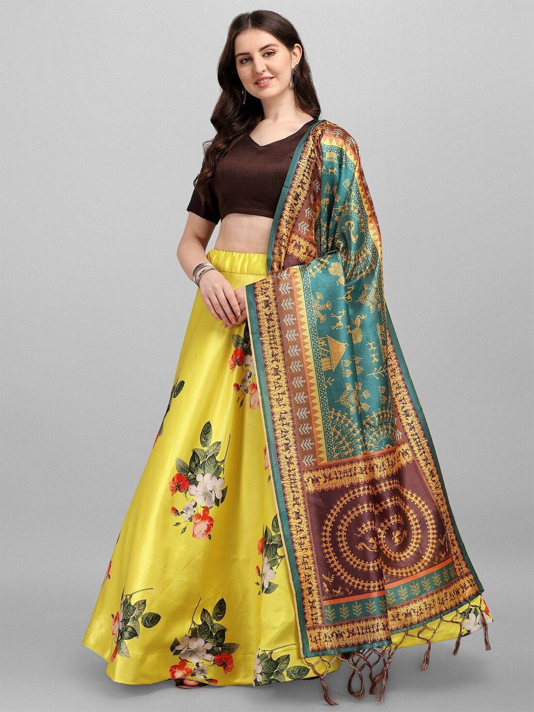 ethnic yard women yellow & brown semi-stitched lehenga & unstitched blouse with dupatta