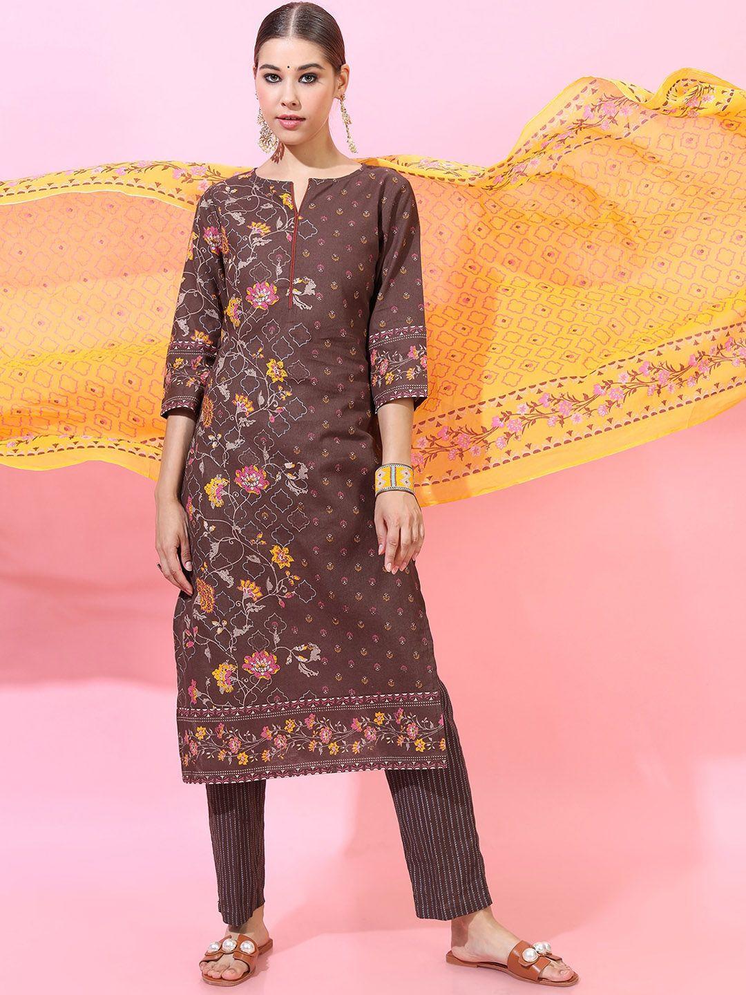 vishudh women brown floral printed pure cotton kurta with trousers & with dupatta