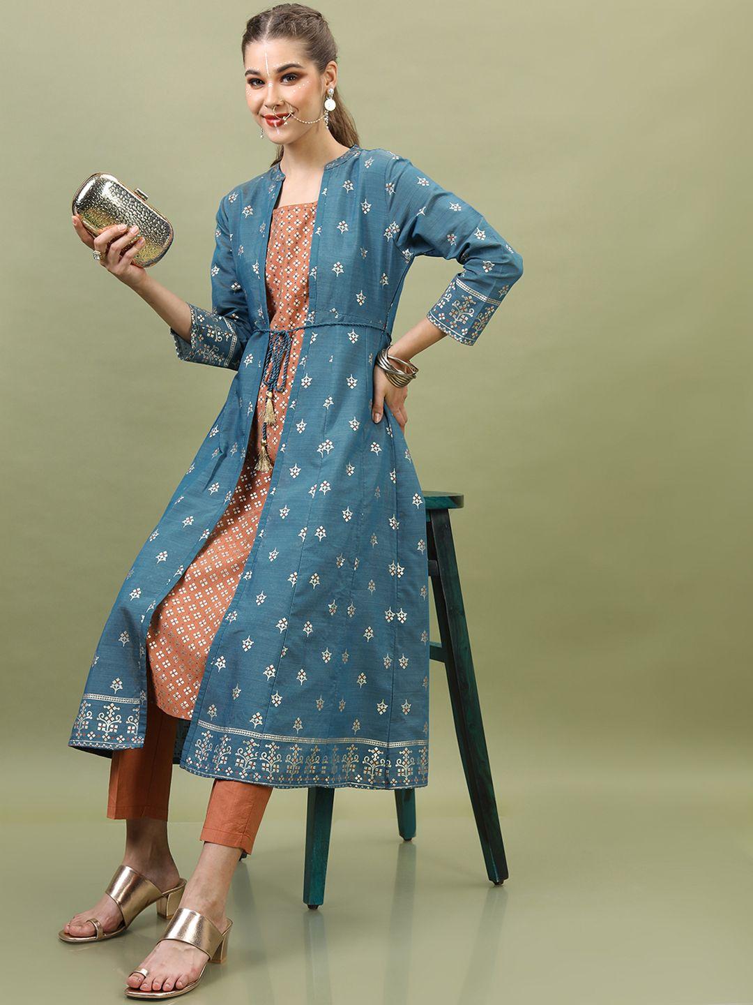 vishudh women brown floral printed a-line kurta with trouser and teal blue jacket