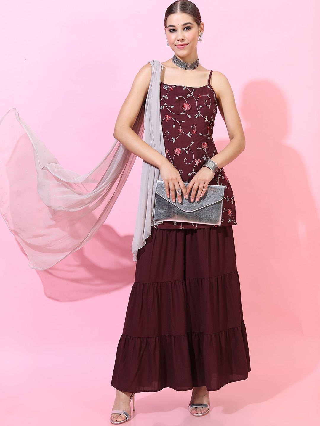 vishudh women maroon floral embroidered kurti with sharara & with dupatta