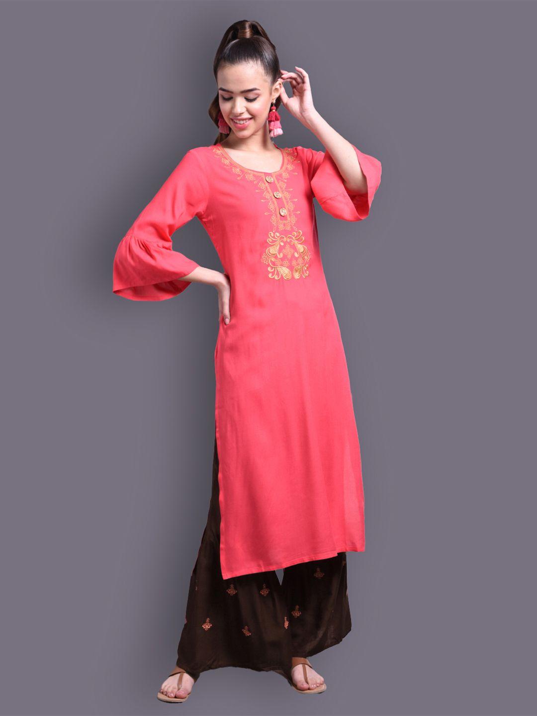 doriya women pink floral embroidered kurta with sharara & with dupatta