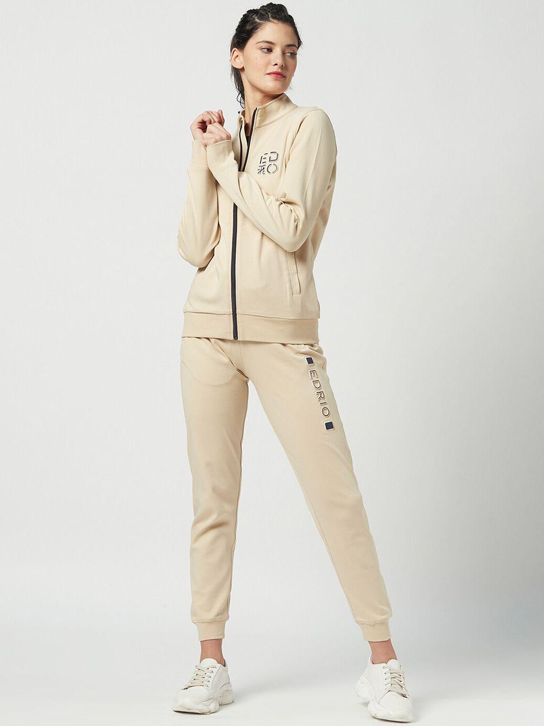 edrio women cream-coloured solid cotton  tracksuits