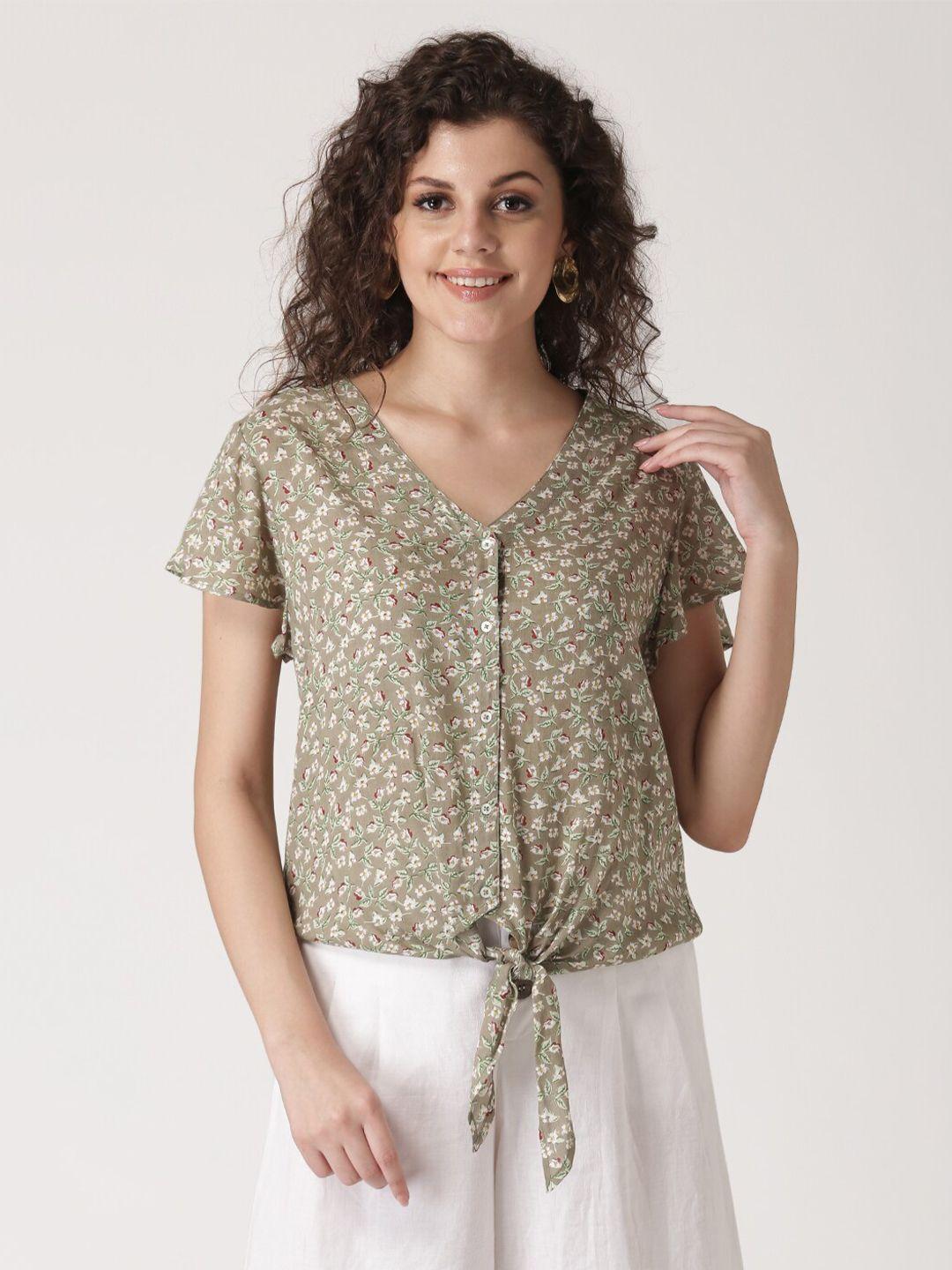 dressberry olive green & white floral printed top