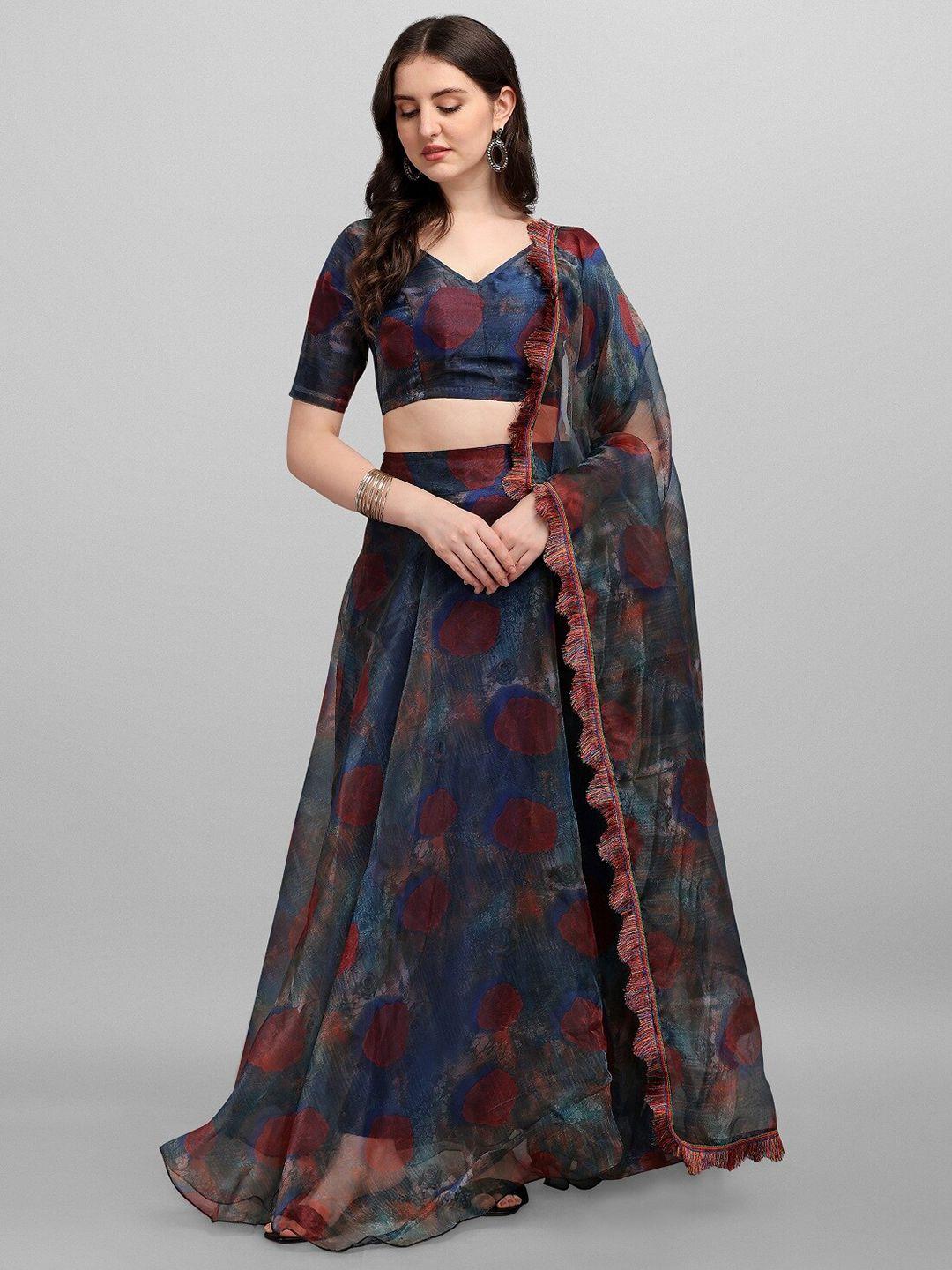 fashion basket blue & red printed semi-stitched lehenga & unstitched blouse with dupatta