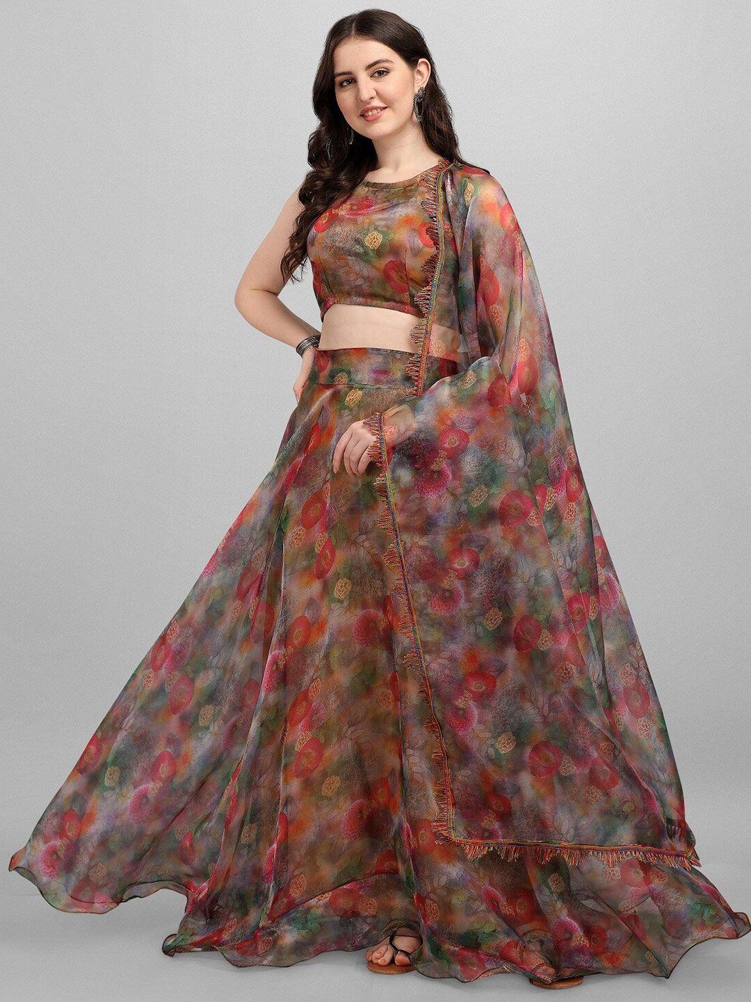 fashion basket grey & pink printed semi-stitched lehenga & unstitched blouse with dupatta