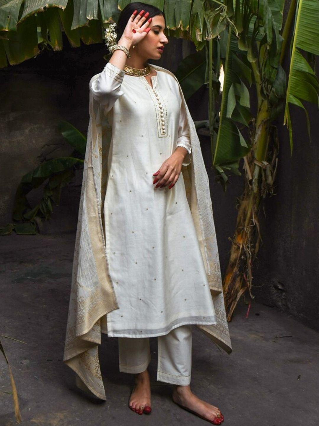 karaj jaipur women cream-coloured floral embroidered chanderi cotton kurti with trousers & with dupatta