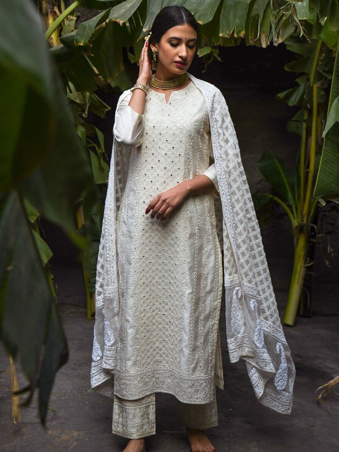 karaj jaipur women off white floral embroidered chanderi cotton kurta with trousers & with dupatta