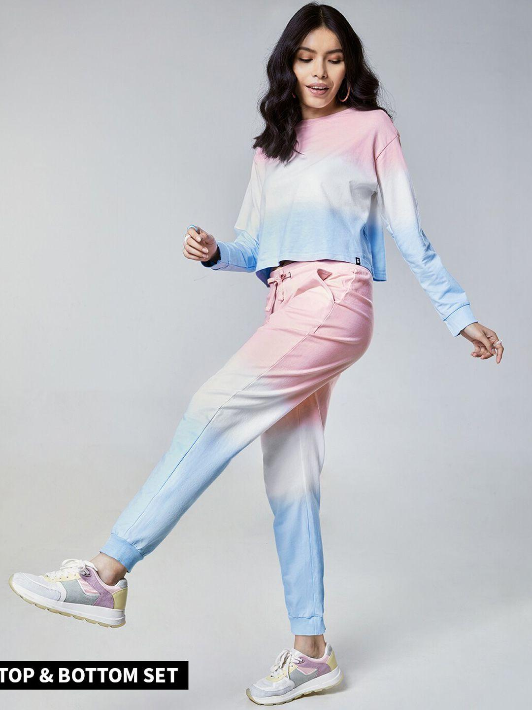 the souled store women pink & blue tie & dye pure cotton co-ords