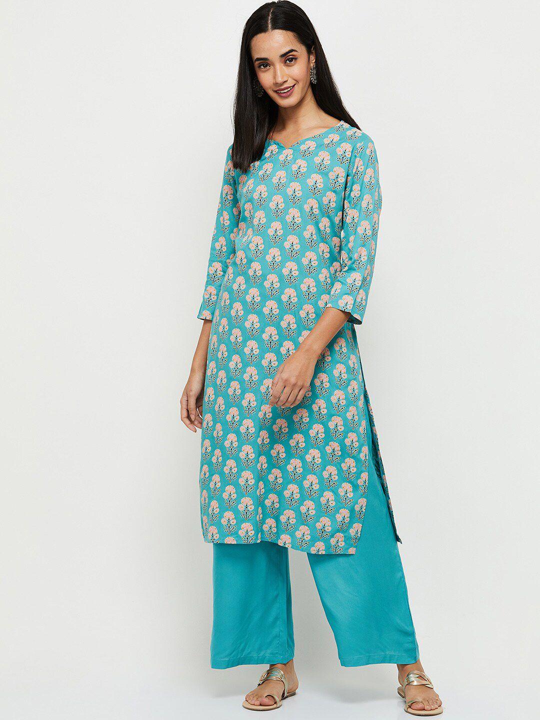 max women blue floral printed kurta with palazzo set