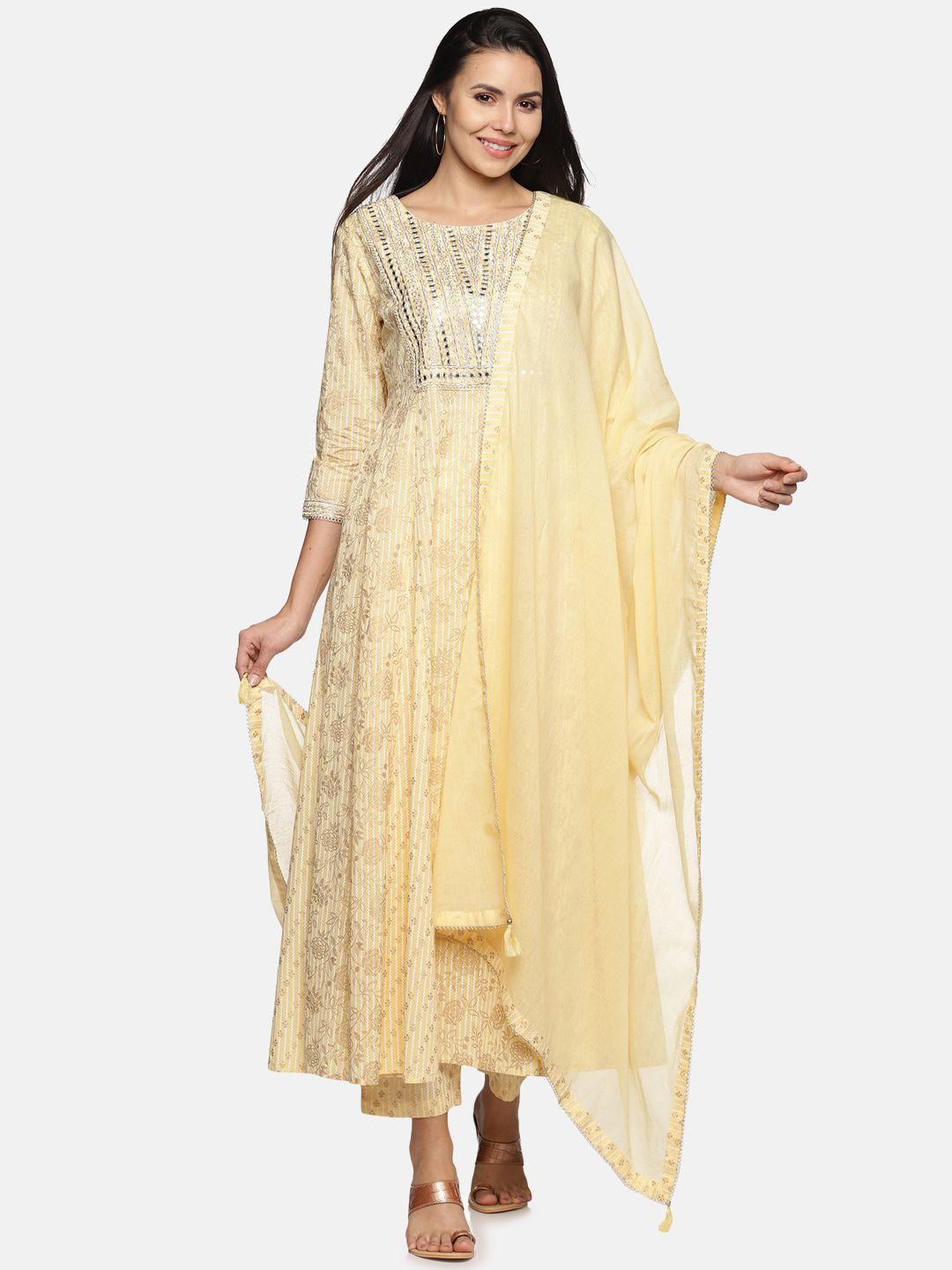 palakh women yellow ethnic motifs embroidered panelled pure cotton kurta with trousers & with dupatta