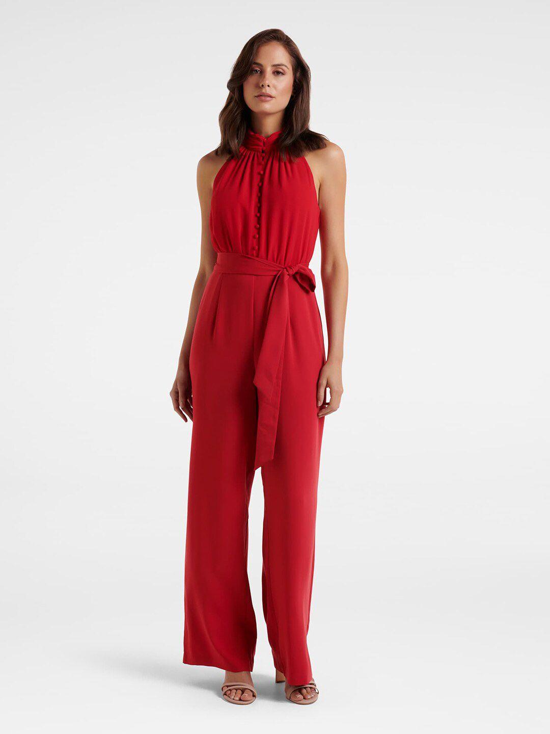 forever new red halter neck basic jumpsuit