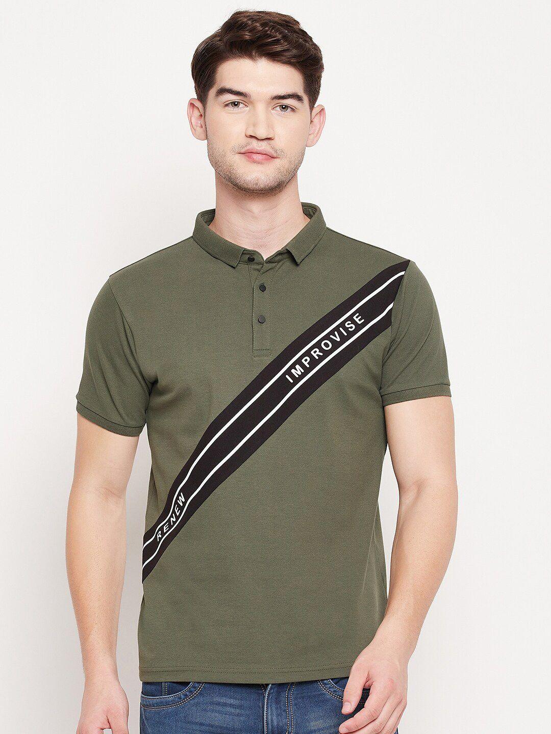 qubic men olive green typography printed polo collar t-shirt