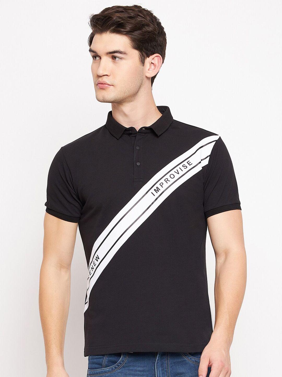 qubic men black & white typography printed polo collar t-shirt