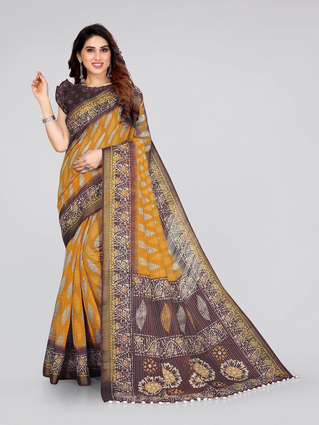 mirchi fashion mustard & brown ethnic motifs cotton blend saree