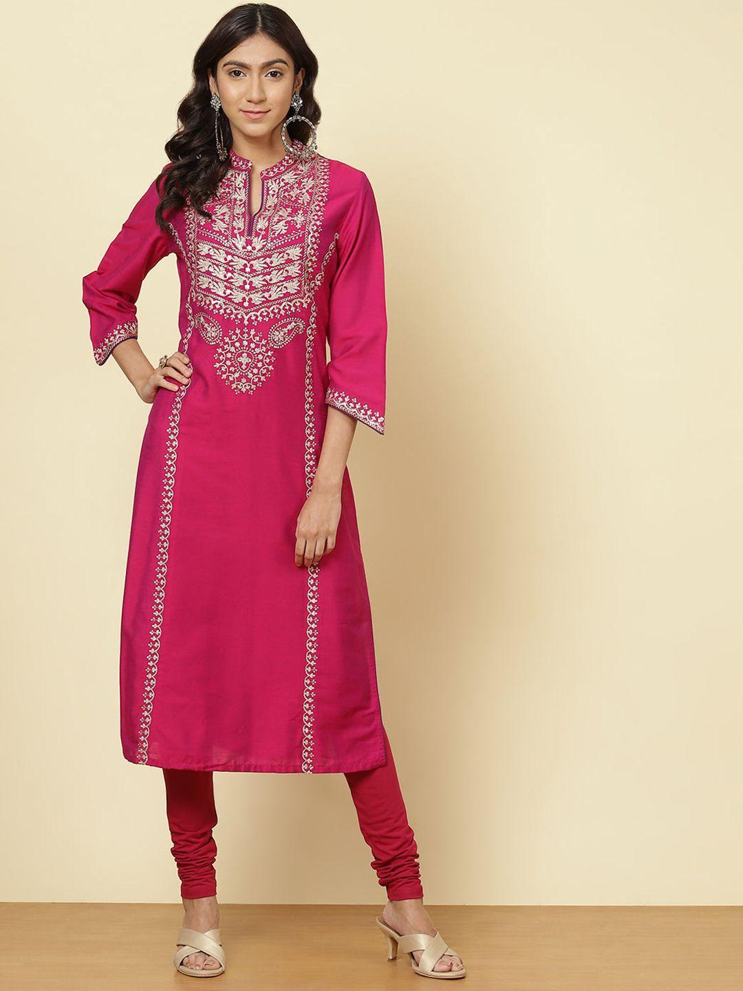 lakshita women pink ethnic motifs embellished keyhole neck thread work kurta