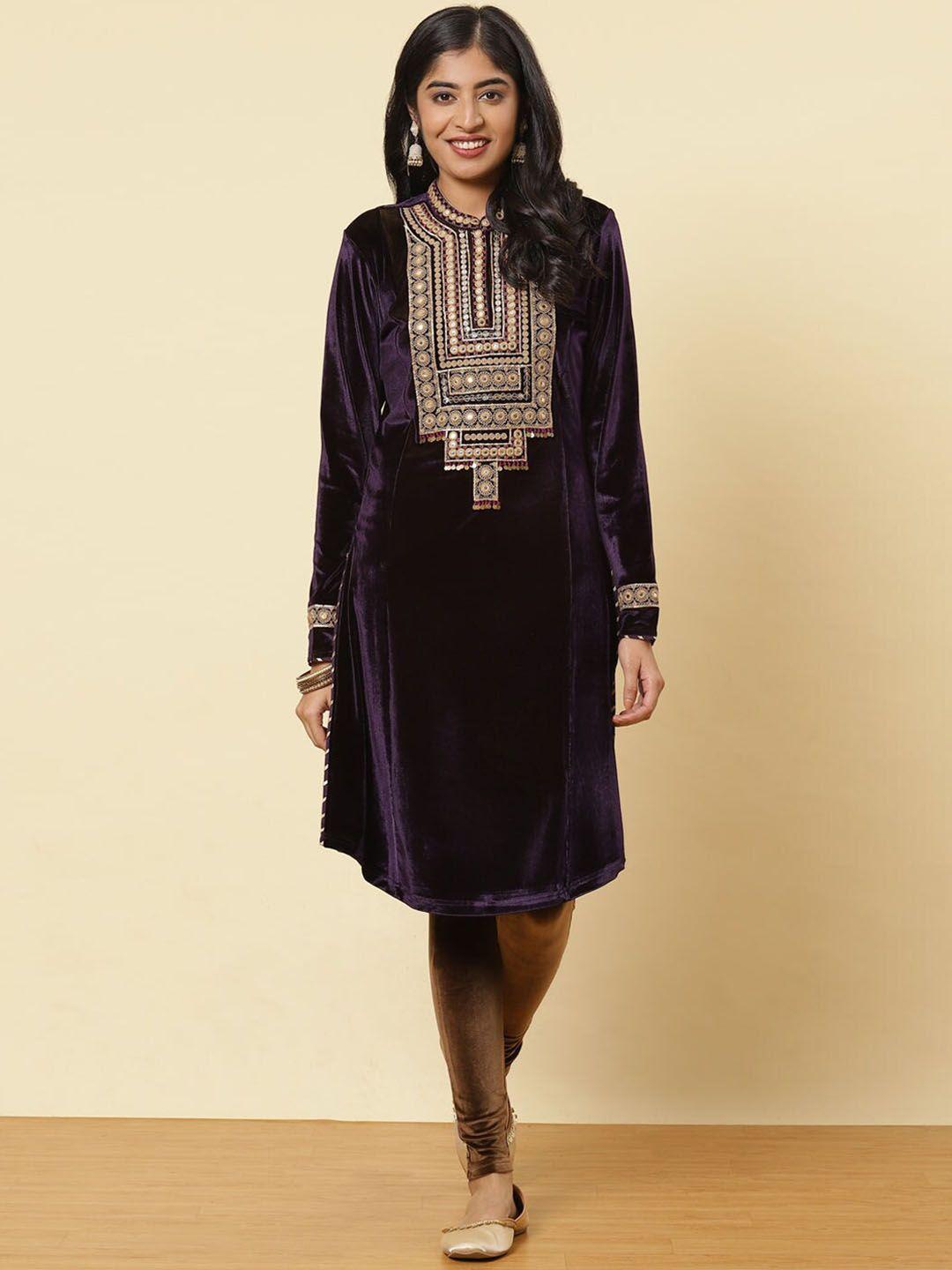 lakshita women's purple embellished flared sleeves thread work velvet kurti