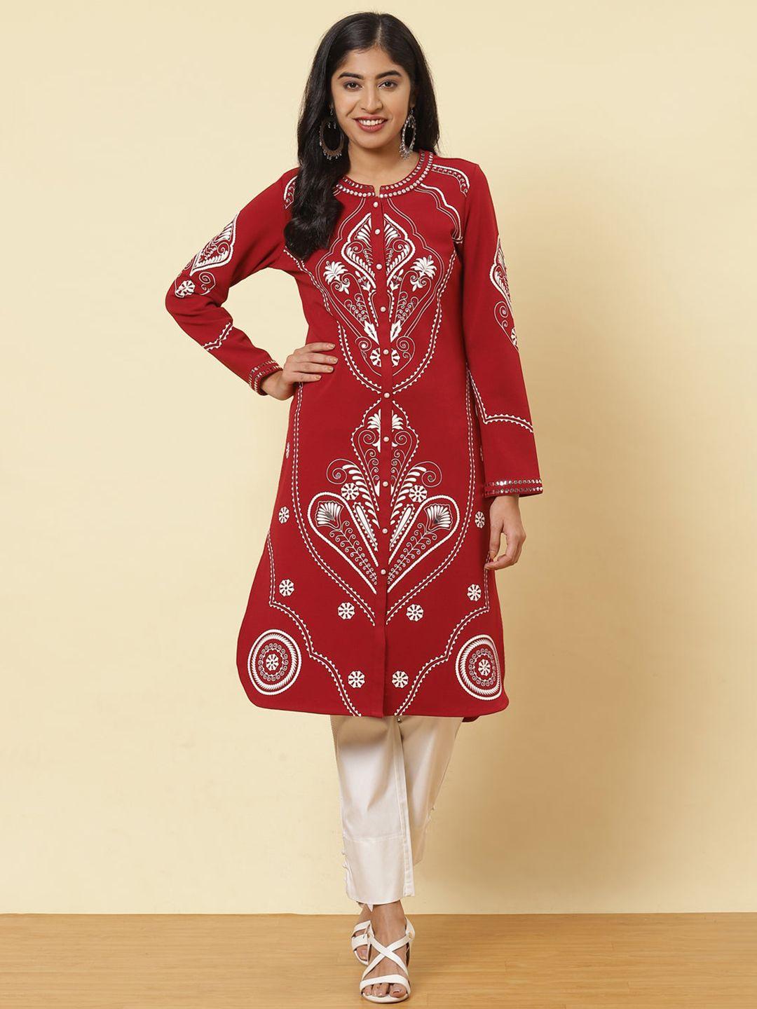 lakshita women red geometric printed kurti with mirror-work