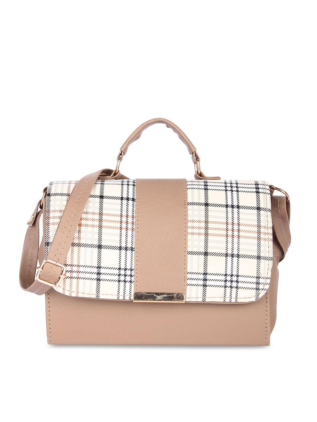 leather retail beige geometric checked pu bucket handheld bag