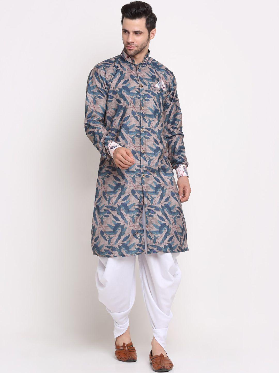 benstoke men grey & blue printed sherwani set