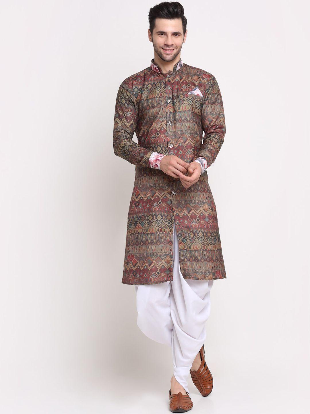 benstoke men brown & beige  printed sherwani set