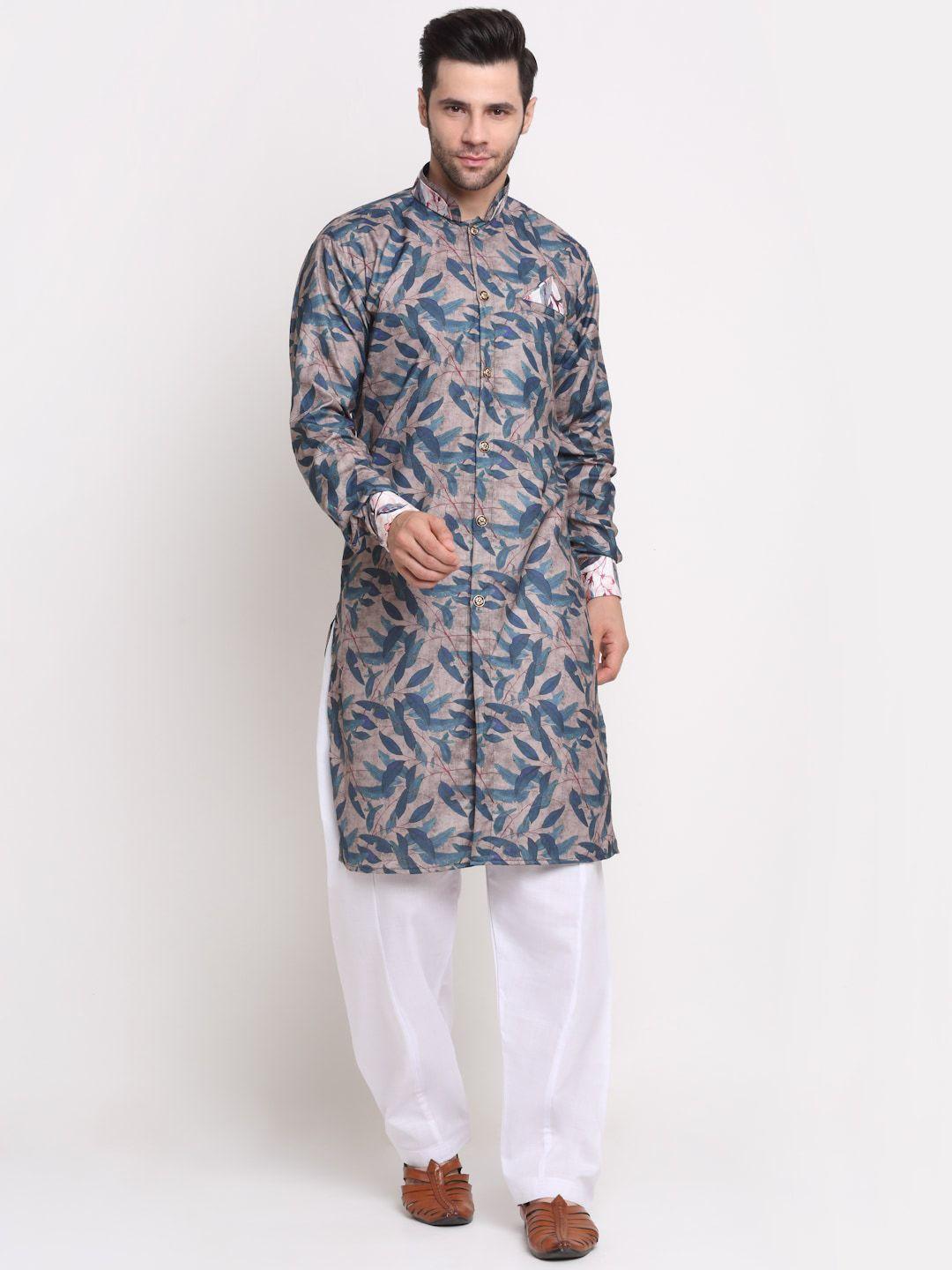 benstoke men grey & blue printed sherwani